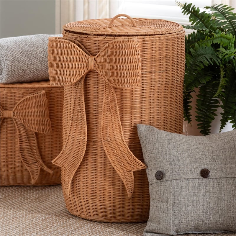 bali & pari Creusa Natural Rattan Laundry Basket with Bow Detail Tall