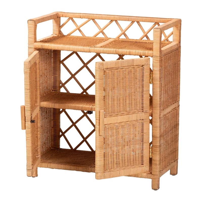 bali & pari Hendrina Natural Rattan and Mahogany Wood Shoe Cabinet 3-Tier