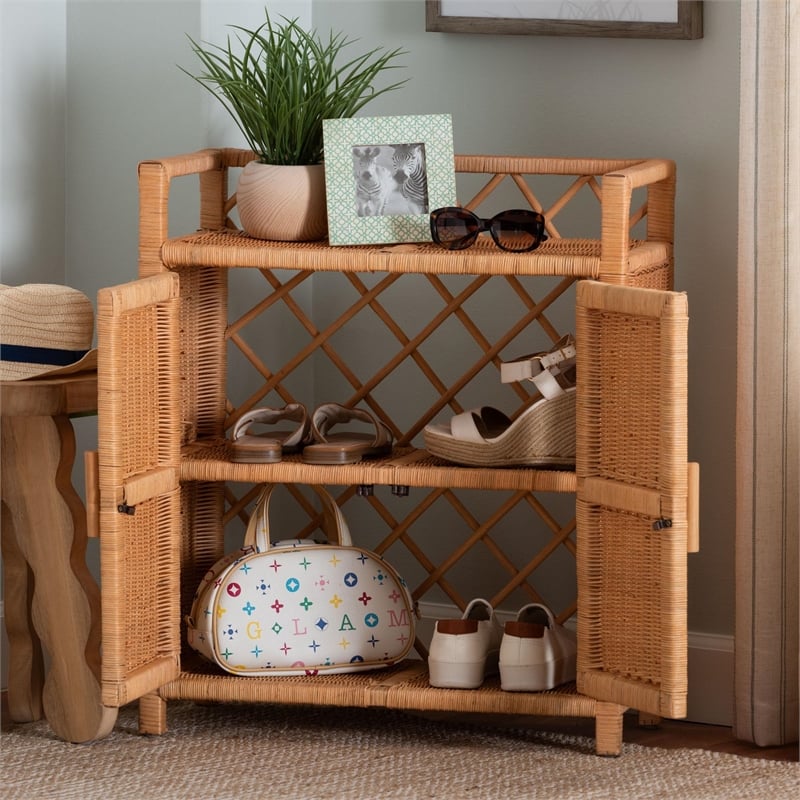 bali & pari Hendrina Natural Rattan and Mahogany Wood Shoe Cabinet 3-Tier