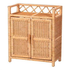 bali & pari Hendrina Natural Rattan and Mahogany Wood Shoe Cabinet 3-Tier