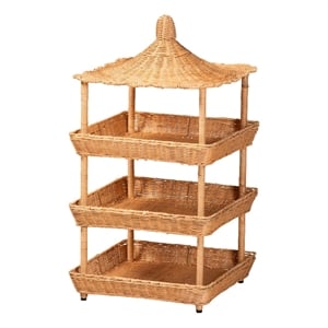 bali & pari Asante Natural Rattan 3-Tier Display Shelf with Pagoda Top