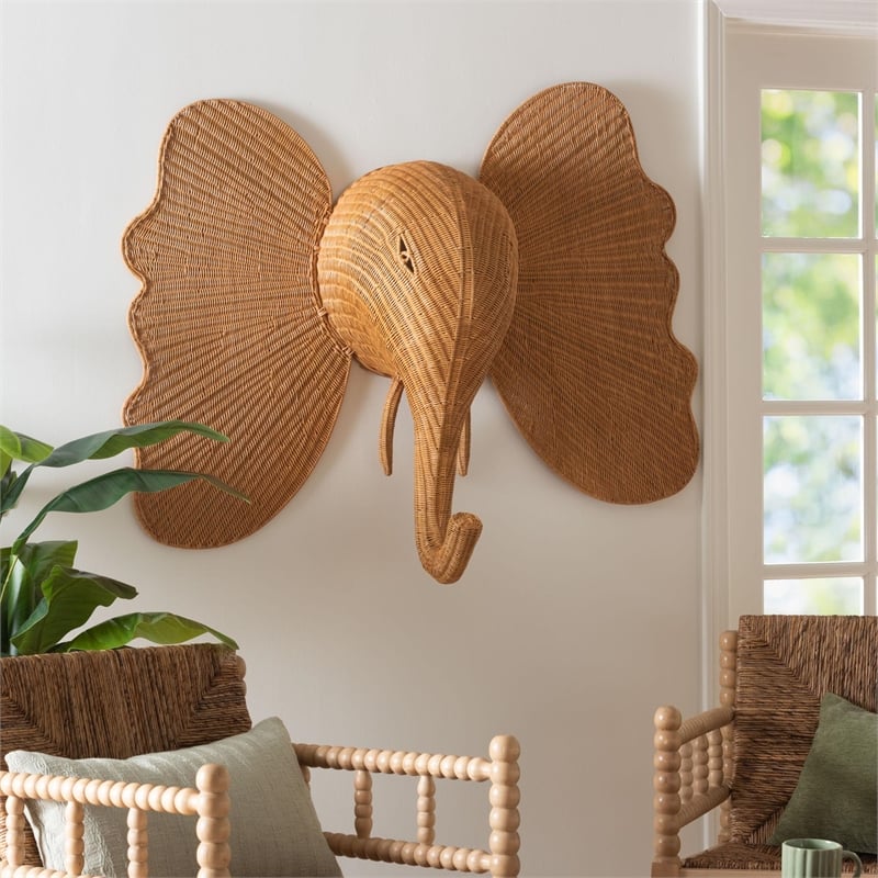 bali & pari Elissa Elephant Head Natural Rattan Wall Decor