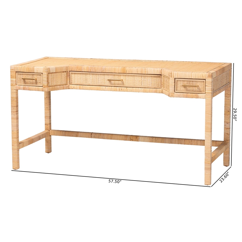bali & pari Kalimantan Natural Rattan Desk with Three Drawers