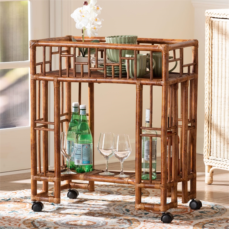bali & pari Tahlia Marbled Tortoise Rattan Kitchen Cart with Open Shelf