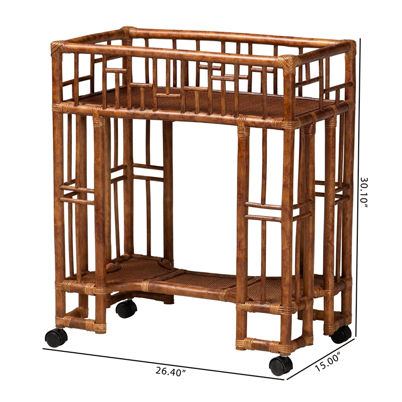 bali & pari Tahlia Marbled Tortoise Rattan Kitchen Cart with Open Shelf