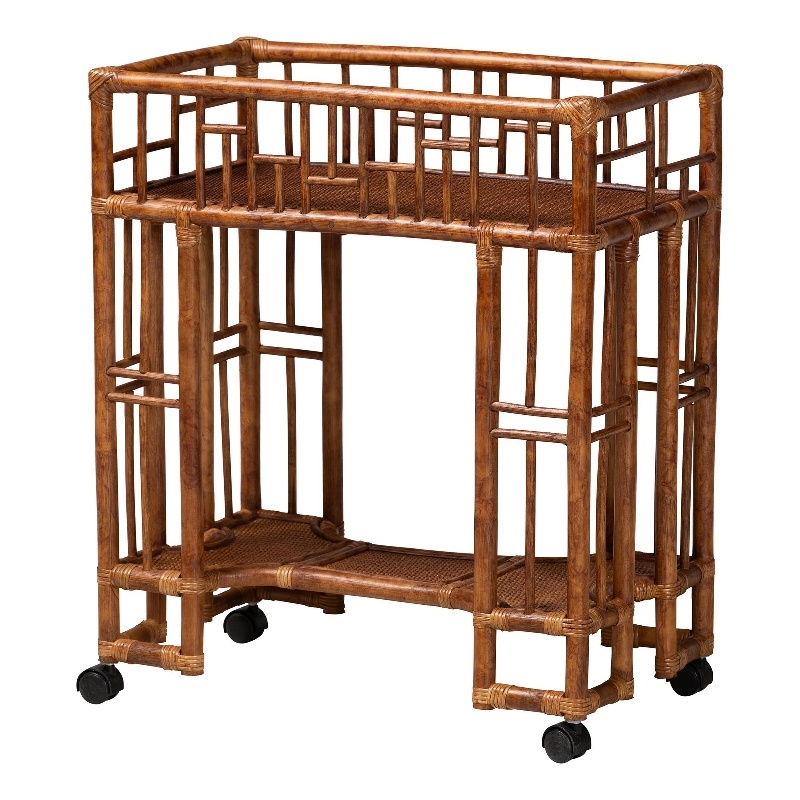 bali & pari Tahlia Marbled Tortoise Rattan Kitchen Cart with Open Shelf