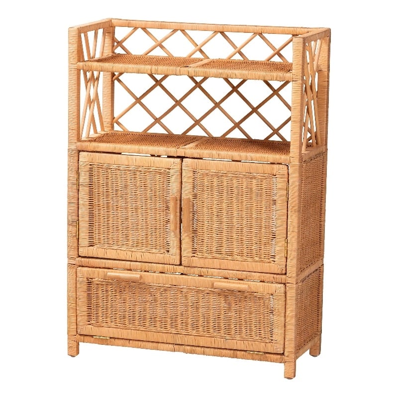 bali & pari Hendrina Natural Rattan and Mahogany Wood Shoe Cabinet 4-Tier