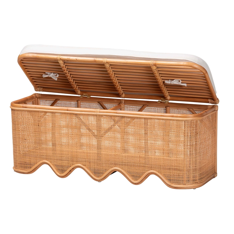 bali & pari Rivka Natural Rattan Storage Bench with Scalloped Base and Cushion
