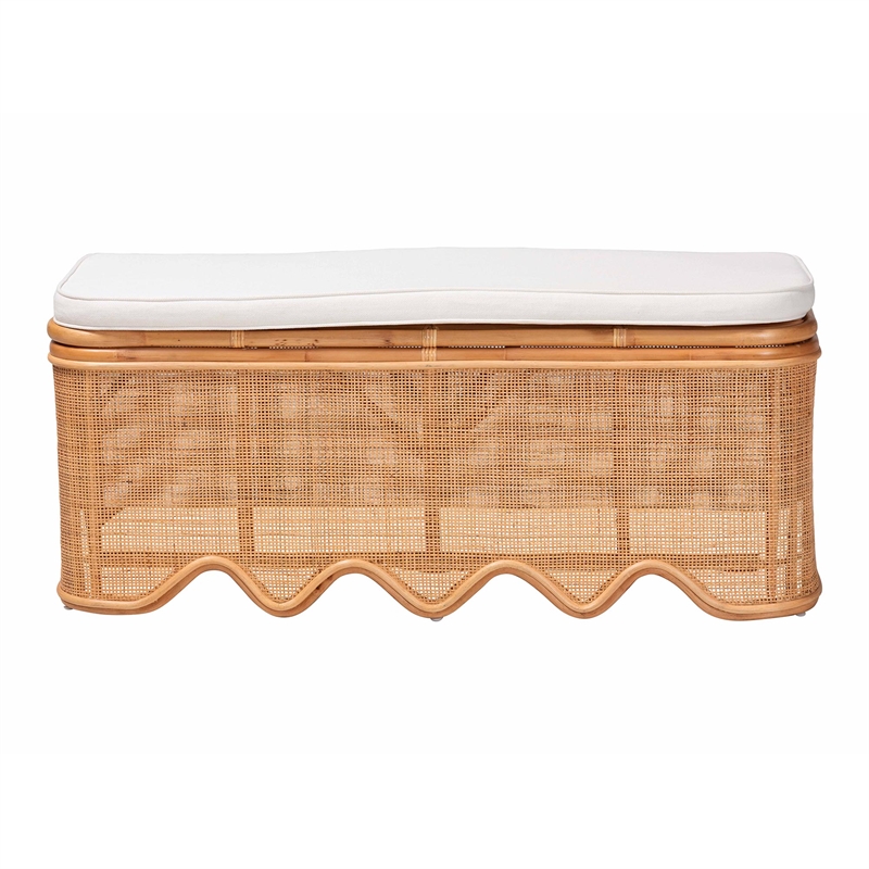 bali & pari Rivka Natural Rattan Storage Bench with Scalloped Base and Cushion