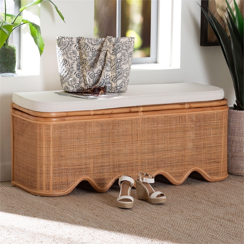 bali & pari Rivka Natural Rattan Storage Bench with Scalloped Base and Cushion