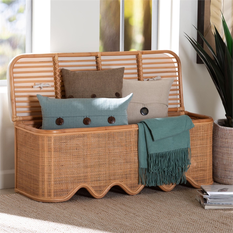 bali & pari Rivka Natural Rattan Storage Bench with Scalloped Base and Cushion