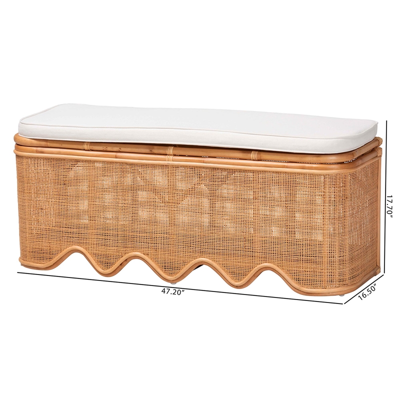bali & pari Rivka Natural Rattan Storage Bench with Scalloped Base and Cushion