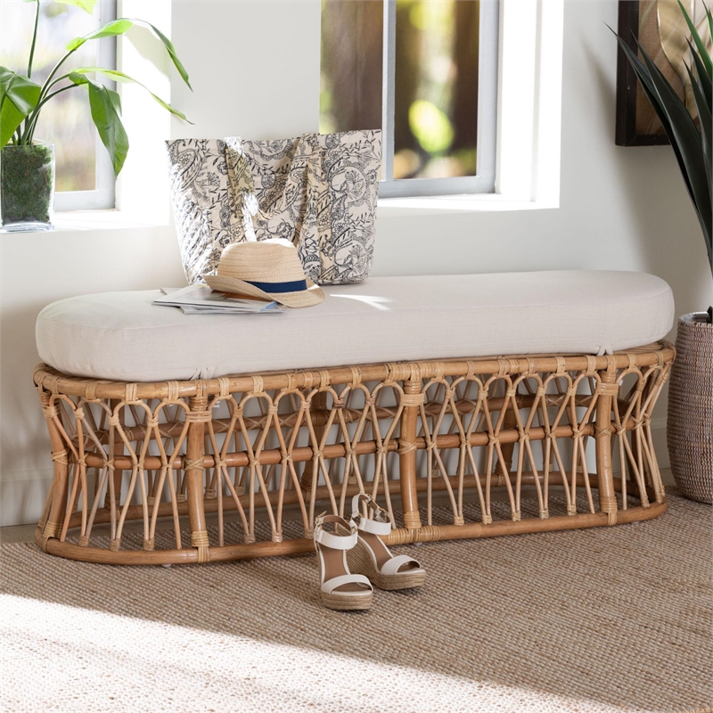 bali & pari Adelpha Natural Rattan Accent Bench with Cushioned Seat