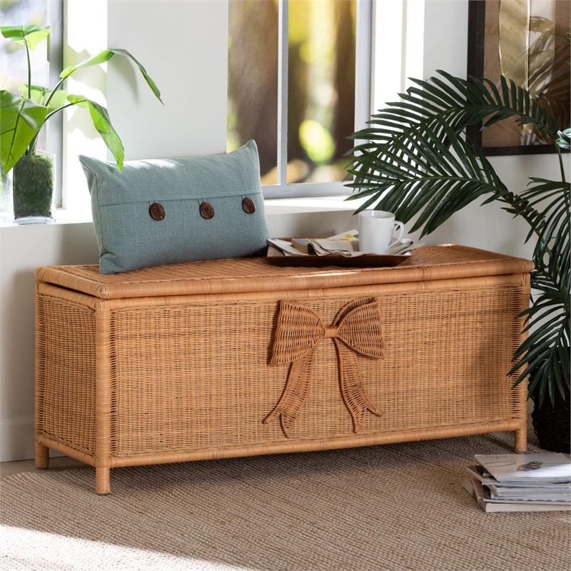 bali & pari Creusa Natural Rattan Storage Bench with Bow Detail
