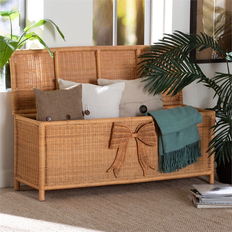 bali & pari Creusa Natural Rattan Storage Bench with Bow Detail