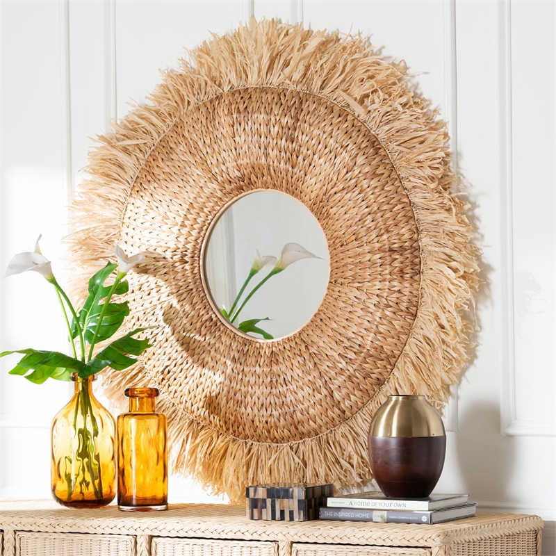 bali & pari Ashra Natural Rattan and Seagrass Wall Mirror with Edge Border