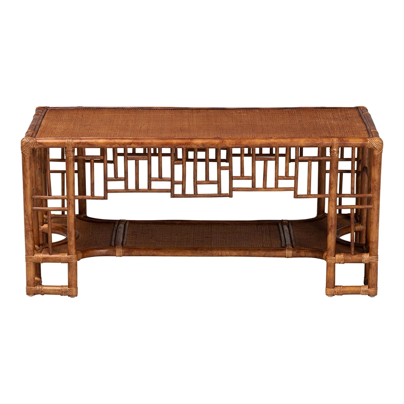 bali & pari Tahlia Marbled Tortoise Rattan Coffee Table with Open Shelf