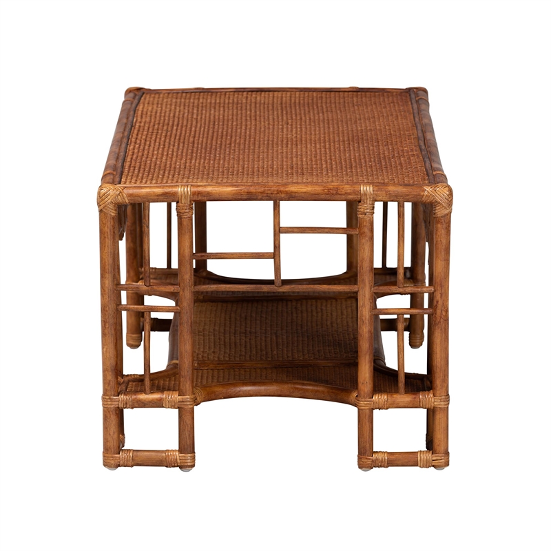 bali & pari Tahlia Marbled Tortoise Rattan Coffee Table with Open Shelf