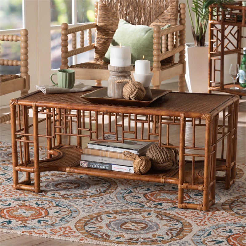 bali & pari Tahlia Marbled Tortoise Rattan Coffee Table with Open Shelf
