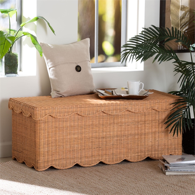 bali & pari Yoselin Natural Rattan Storage Bench with Scalloped Edge Frame