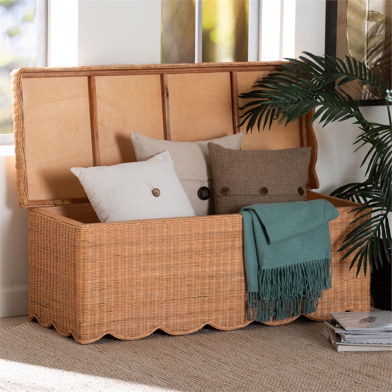 bali & pari Yoselin Natural Rattan Storage Bench with Scalloped Edge Frame