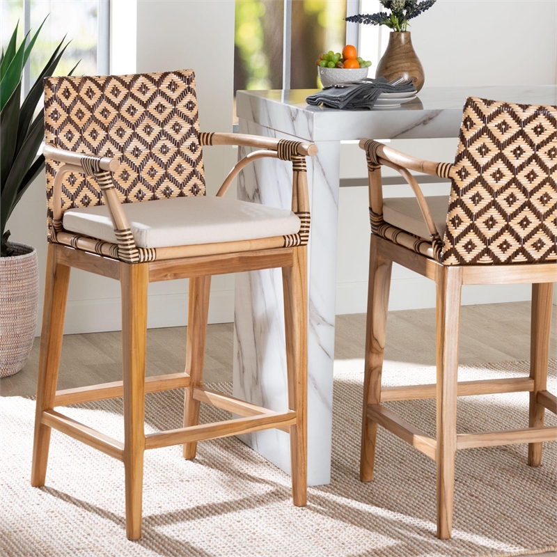 bali & pari storsel natural rattan and teak wood counter stool two-tone brown