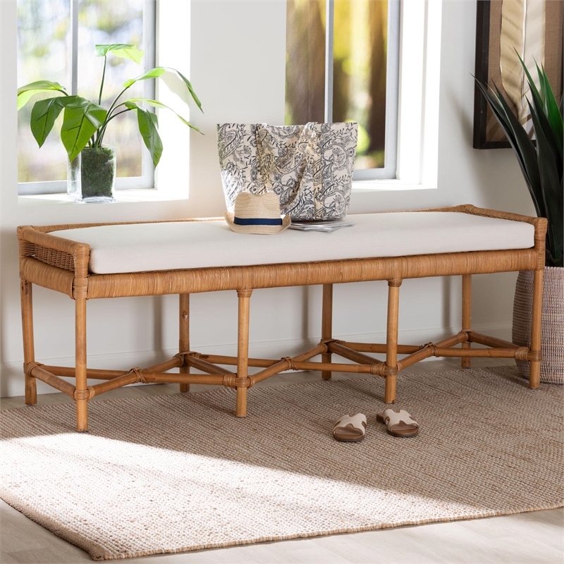 bali & pari Adonia Natural Rattan Accent Bench with Cushioned Seat