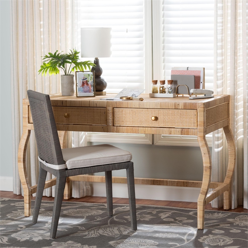 bali & pari Dalida Natural Rattan Writing Desk with Two Drawers
