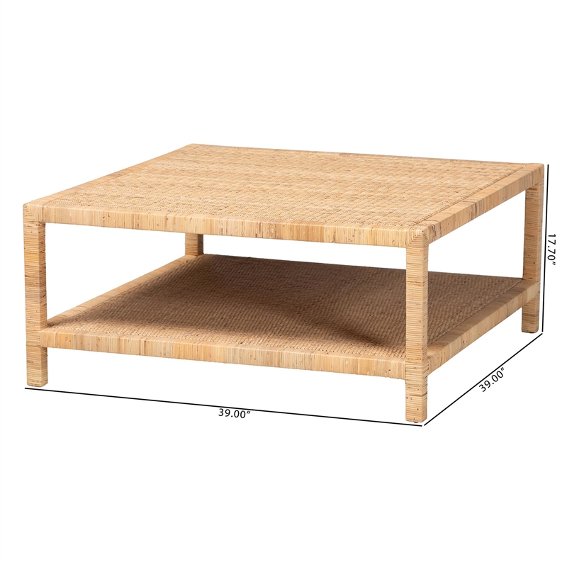 bali & pari Kalimantan Natural Rattan Coffee Table with Shelf Square