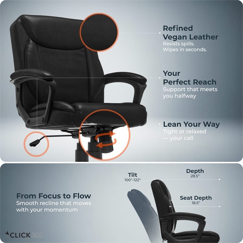 Click365 Transform 1.0 Ergonomic Mid Back Desk Chair Bonded Leather Black