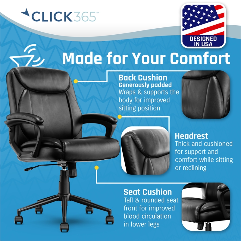 Click365 Transform 1.0 Ergonomic Mid Back Desk Chair Bonded Leather Black