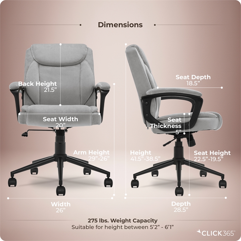 Click365 Transform 1.0 Ergonomic Mid Back Desk Chair Fabric Light Grey