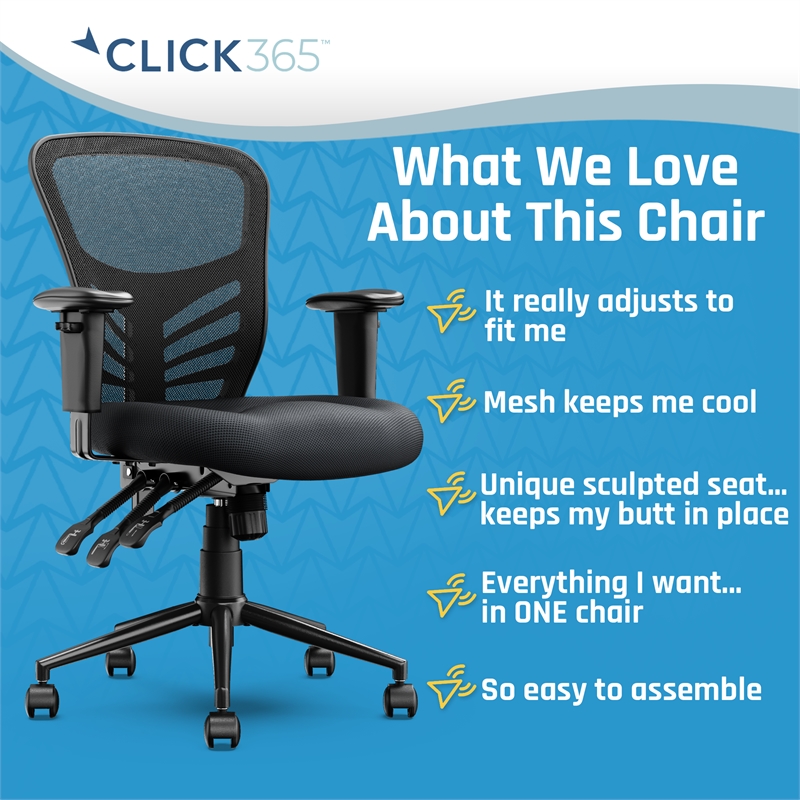 Click365 Flow Mid Back Mesh Office Chair Lumbar Support Extra Padded Seat Black
