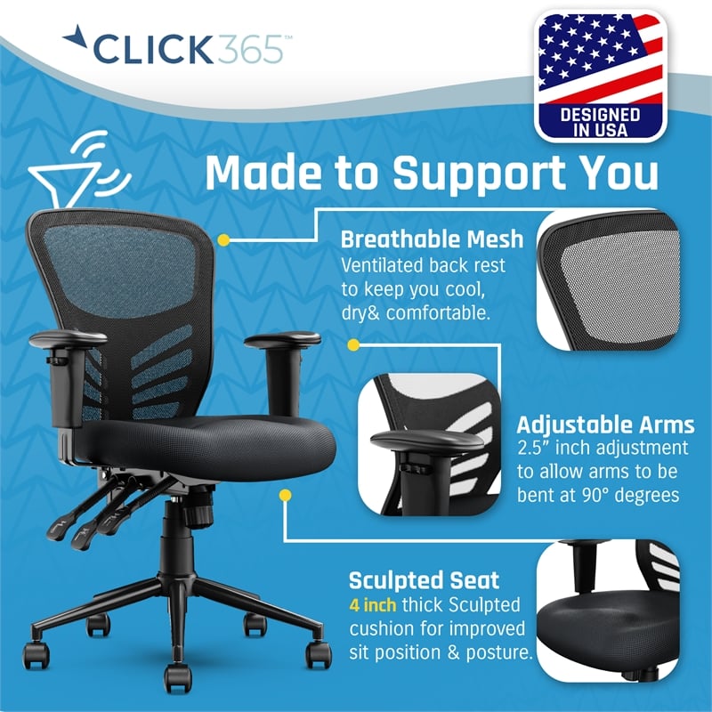 Click365 Flow Mid Back Mesh Office Chair Lumbar Support Extra Padded Seat Black