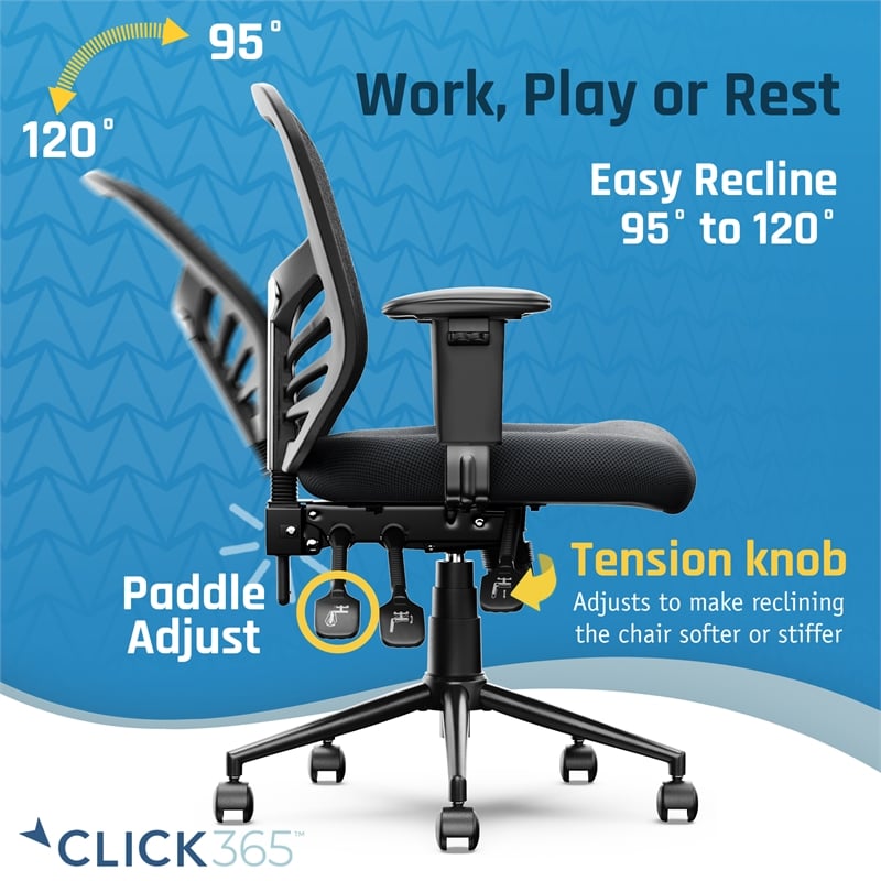 Click365 Flow Mid Back Mesh Office Chair Lumbar Support Extra Padded Seat Black