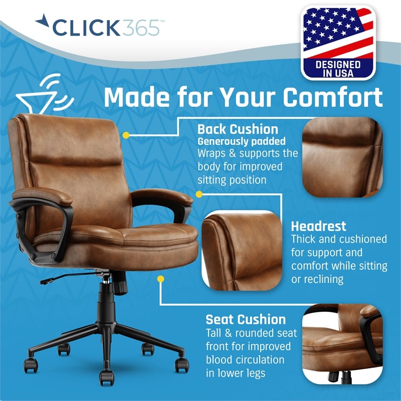 Click365 Transform 2.0 Ergonomic Mid Back Desk Chair Bonded Leather Cognac
