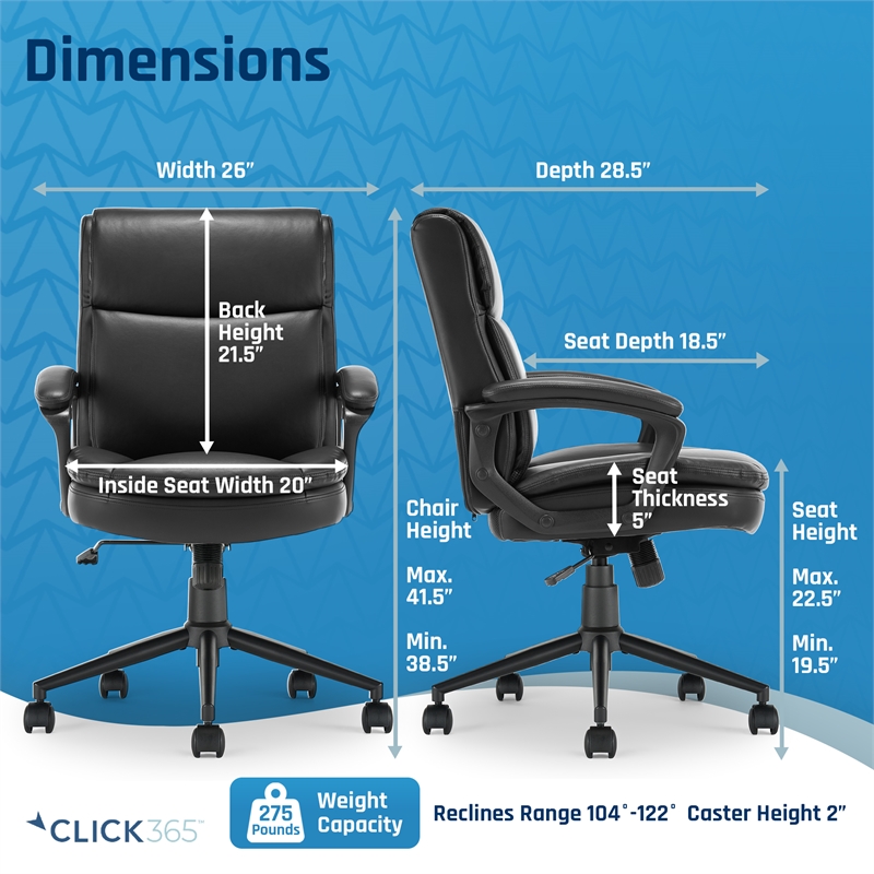 Click365 Transform 2.0 Ergonomic Mid Back Desk Chair Bonded Leather Black
