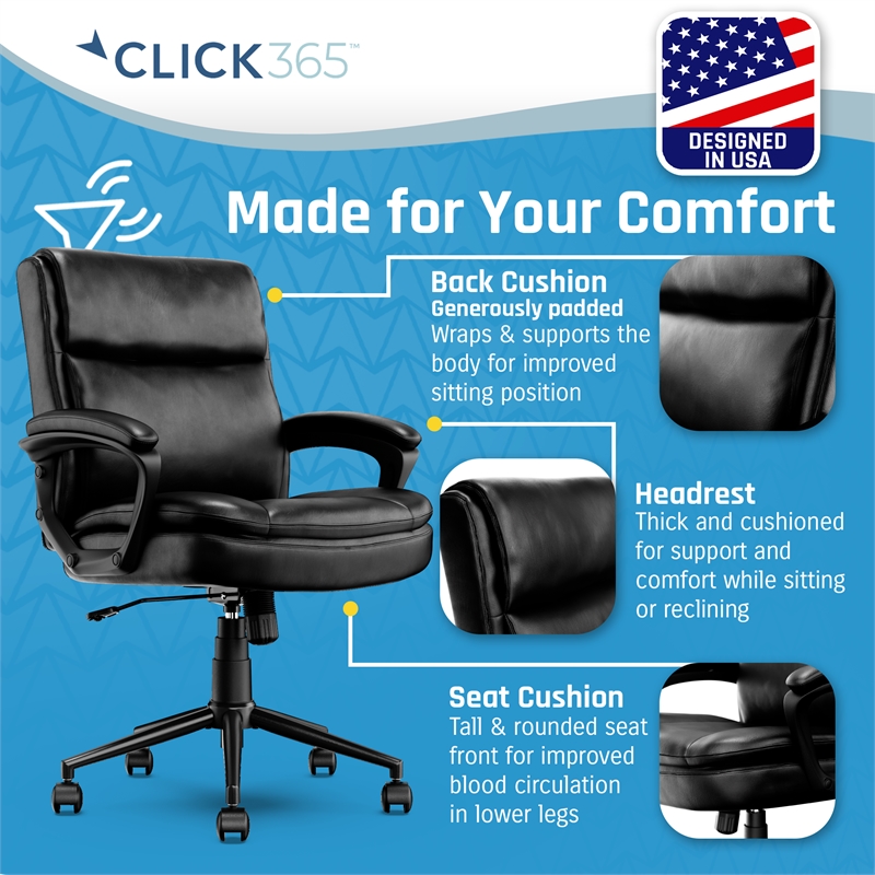 Click365 Transform 2.0 Ergonomic Mid Back Desk Chair Bonded Leather Black