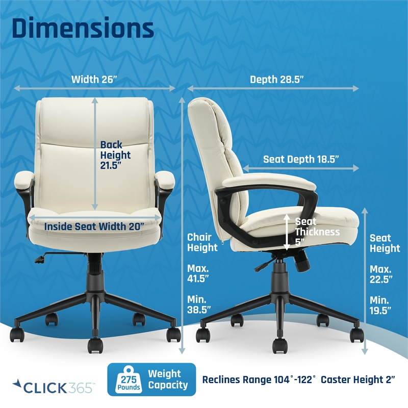 Click365 Transform 2.0 Ergonomic Mid Back Desk Chair Bonded Leather White