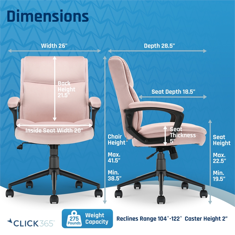 Click365 Transform 2.0 Ergonomic Mid Back Desk Chair Fabric Pink