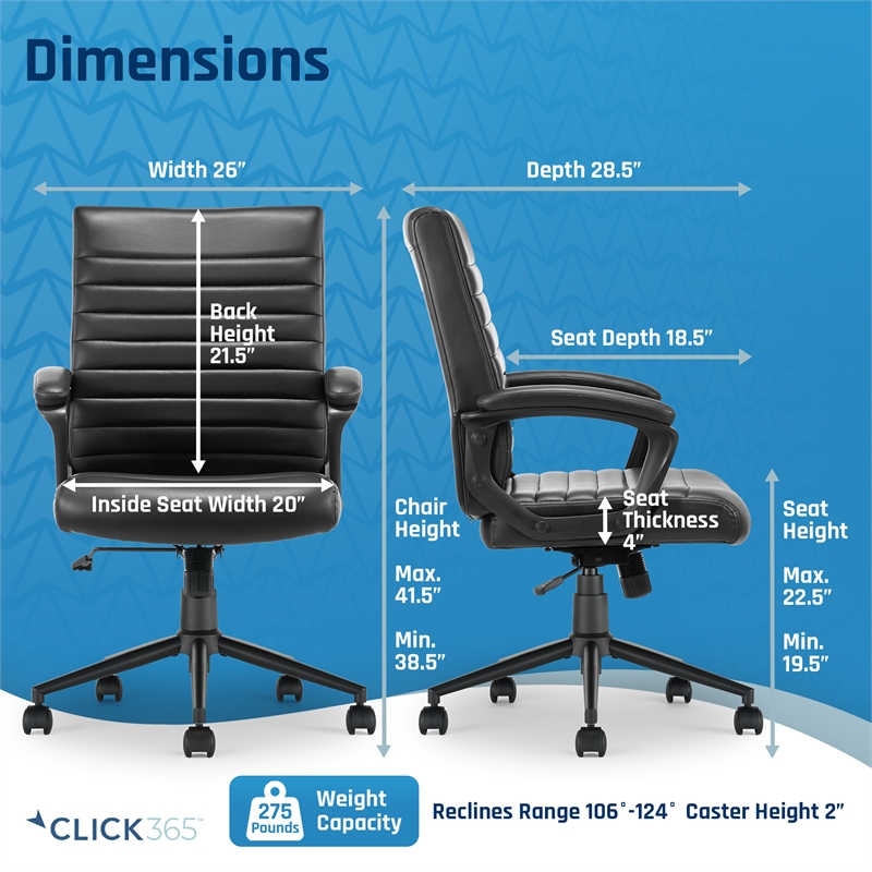 Click365 Transform 3.0 Ergonomic Mid Back Desk Chair Bonded Leather Black