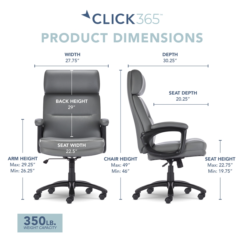 Click365 Classic Big & Tall Executive Office Chair Bonded Leather Gray