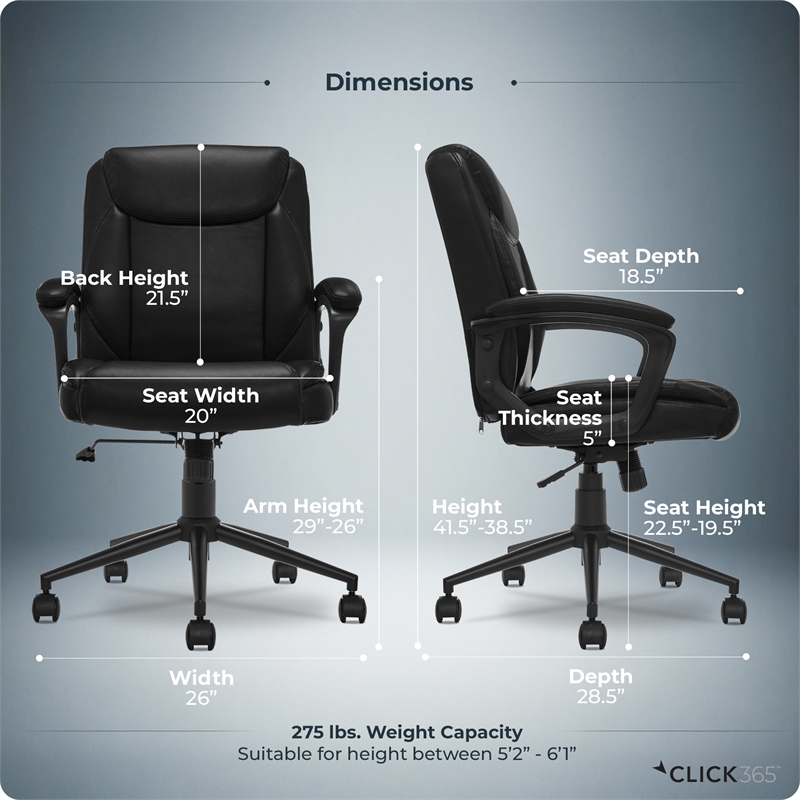 Click365 Transform 1.0 Ergonomic Desk Chair Lumbar Support Bonded Leather Black