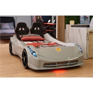 Titi Racer Modern Wood TT Twin Race Car Bed with Remote Control in Gray