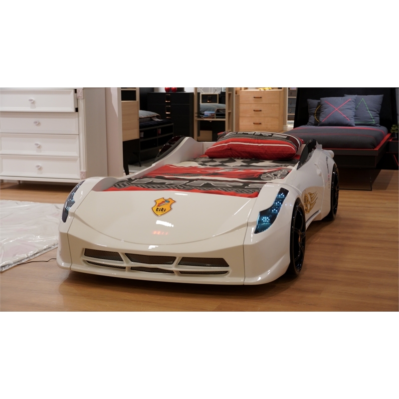 Titi Racer Modern Wood TT Twin Race Car Bed with Remote Control in White
