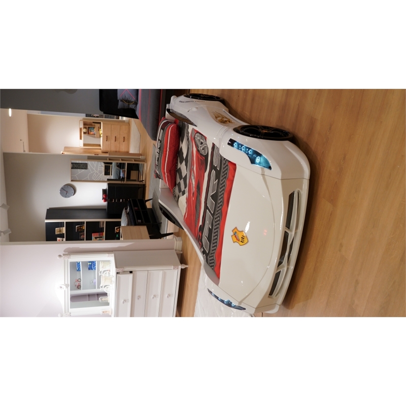 Titi Racer Modern Wood TT Twin Race Car Bed with Remote Control in White