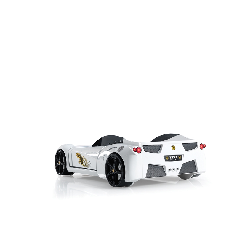 Titi Racer Modern Wood TT Twin Race Car Bed with Remote Control in White