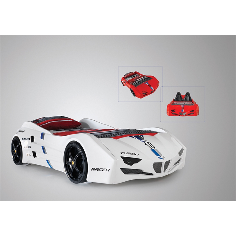 Titi Racer Modern GTI Wood Twin Race Car Bed with Remote Control in White