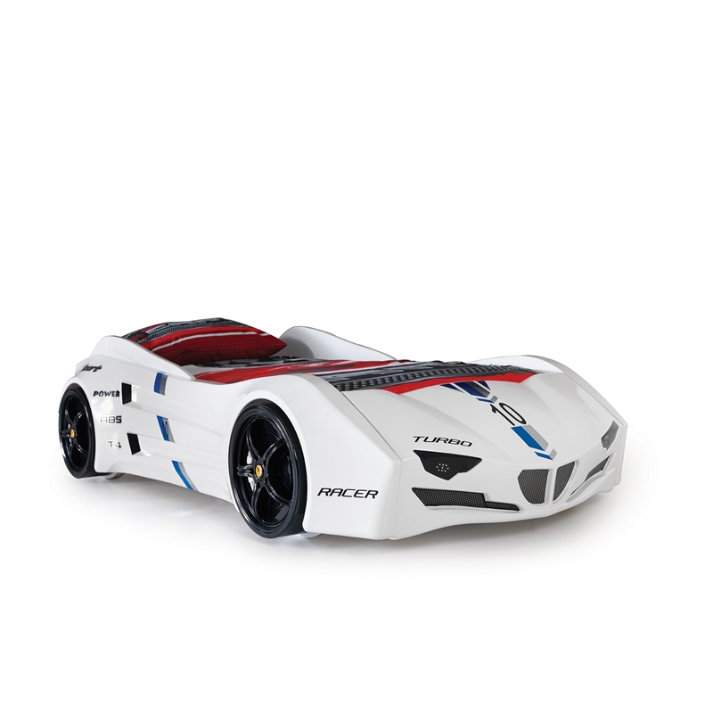Titi Racer Modern GTI Wood Twin Race Car Bed with Remote Control in White