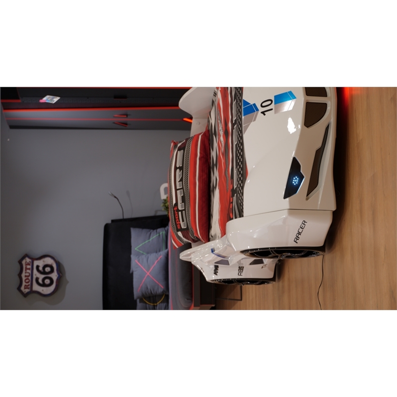 Titi Racer Modern GTI Wood Twin Race Car Bed with Remote Control in White